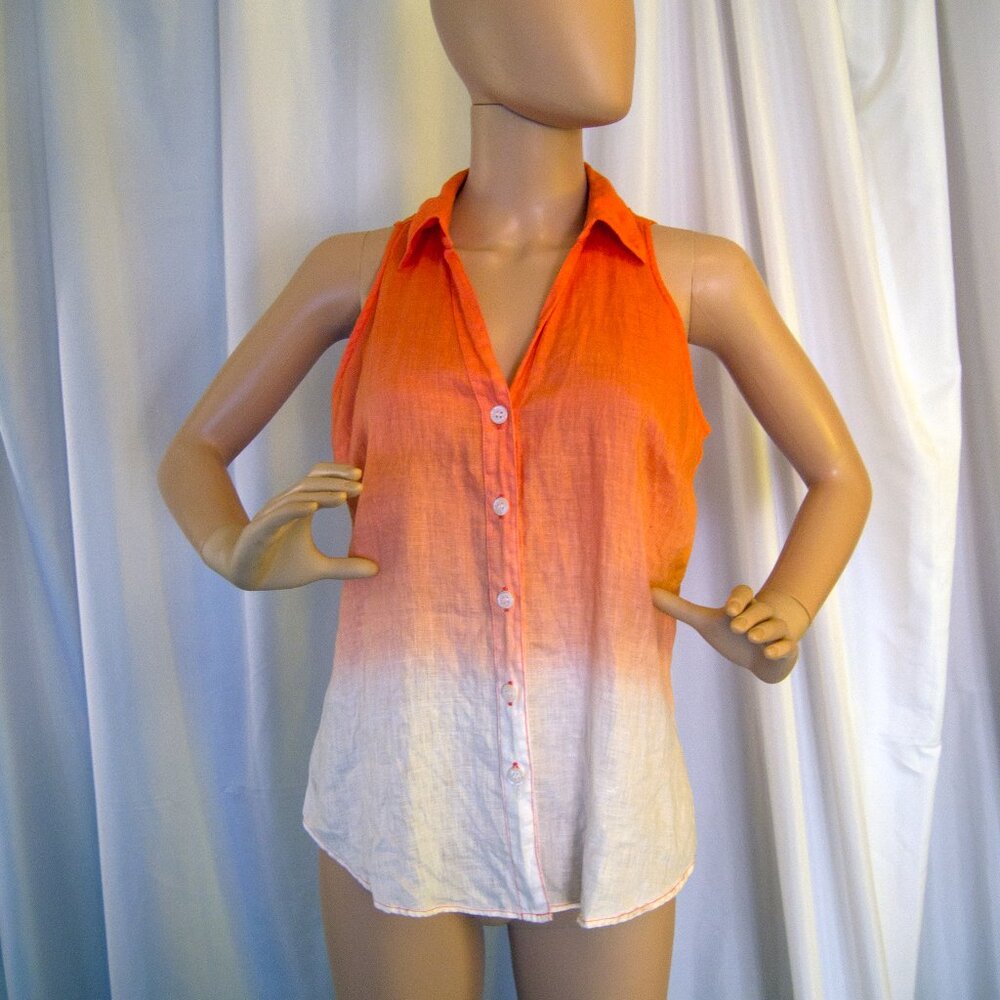 Orange Ombre Sleeveless Shirt Linen Size 4 Collared Button Up
